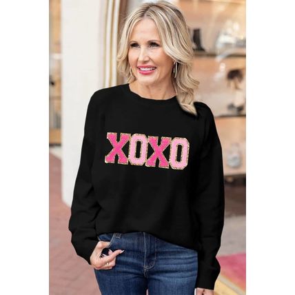 Black XOXO Glitter Print Round Neck Casual Sweater