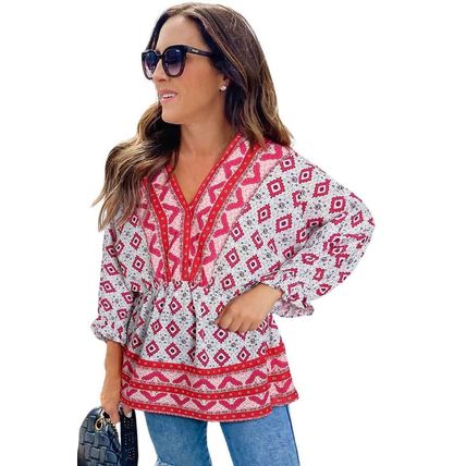Red Geometric Print 3/4 Sleeve V-Neck Shirred Waist Flared Blouse