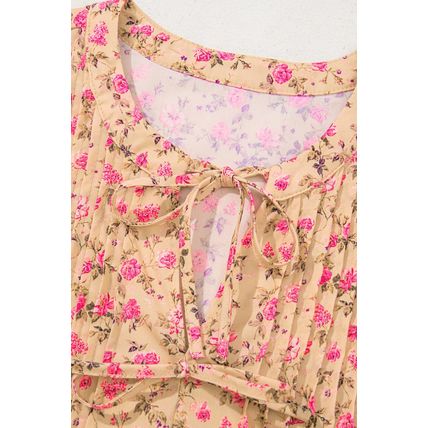 Light French Beige Floral Print Bow Pintuck Bust Half Puff Sleeve Blouse Top