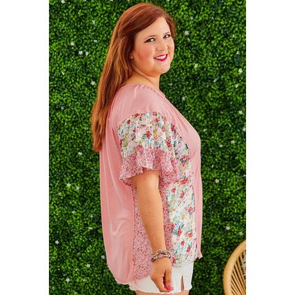 Pink Plus Size Floral Patchwork Ruffled Short Sleeve Blouse