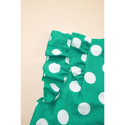 Green Polka Dot Print Ruffled Sleeve V Neck Blouse
