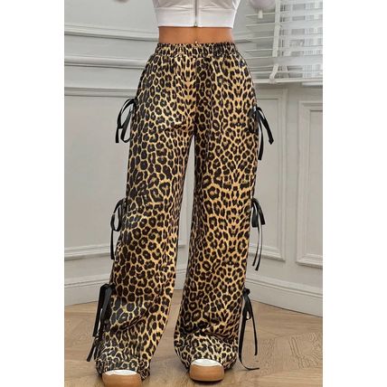 Brown Leopard Print Bow Tie Drawstring Elastic Waist Loose High Waist Pants