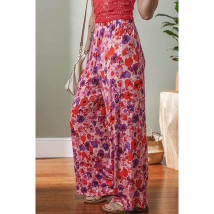 Purple Floral Wide Leg Elastic High Waist Pants