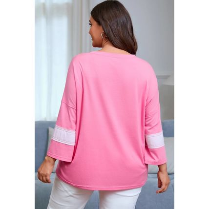 Pink Star Patched Colorblock Raw Edge Bracelet Sleeve Plus Size Loose Tee