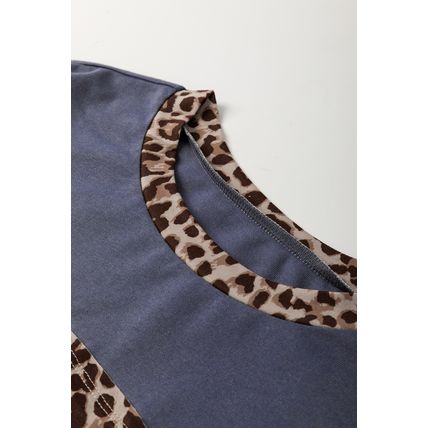 Dark Blue Leopard Colorblock Patchwork Long Sleeve Drop Shoulder Top