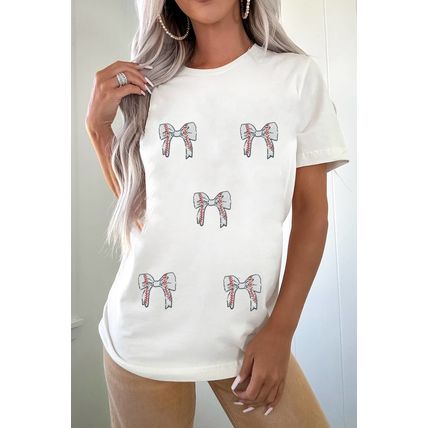 White Glitter Baseball Bow Patched Cotton Blend T Shirt