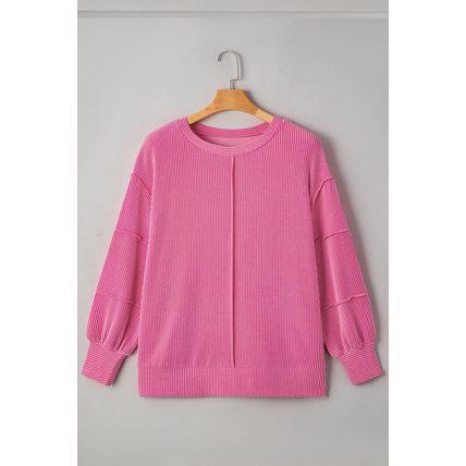 Bonbon Spiral Ribbed Exposed Seam Detail Plus Size Long Sleeve Top