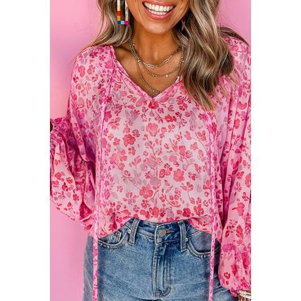 Pink Floral Puff Sleeve Split Neck Lightweight Blouse