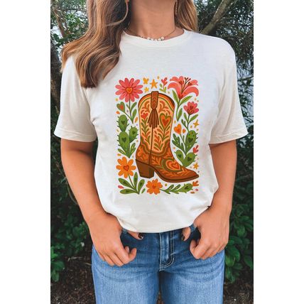 White Western Floral Boots Printed Casual Cotton Blend T Shirt