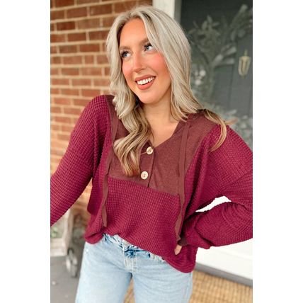 Racing Red Waffle Patchwork Drop Shoulder Hooded Long Sleeve Top
