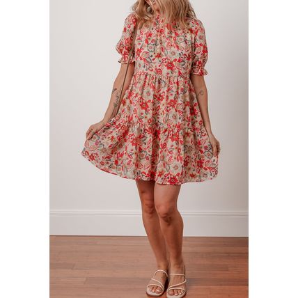 Multicolour Floral Print Frilled Neck Puff Sleeve High Waist Dress