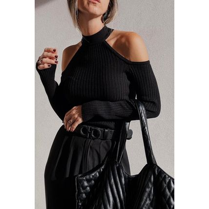 Black Ribbed Knit Cold Shoulder Choker Neck Sweater
