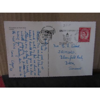 policeman, LONDON. RED BUS, from 1950s poster... used postcard 1964 postmark #