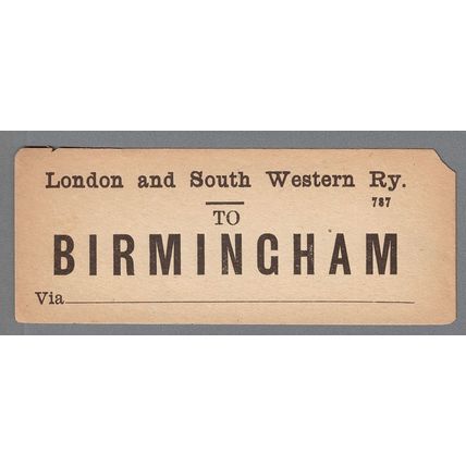 LONDON & SOUTH WESTERN RAILWAY LUGGAGE LABEL - BIRMINGHAM (Caps) via Blank
