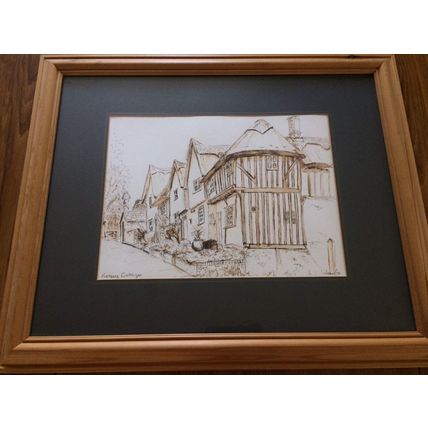 Kersey Cottages Original Pen & Watercolour Painting By Jean G. Mounted & Framed