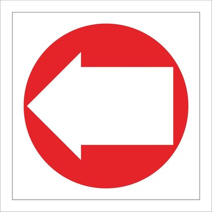 FI218 ARROW LEFT WHITE ON RED SIGN DIRECTION ROUTE STATION AIRPORT COMMERCIAL