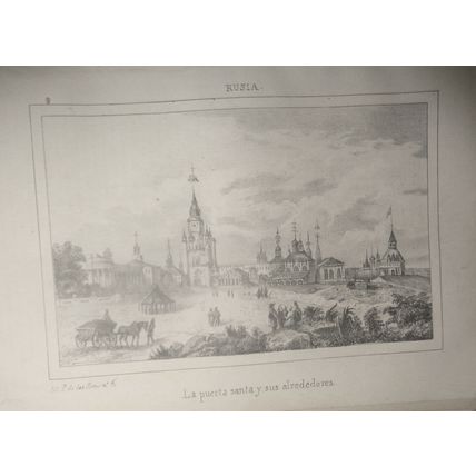 1840 Russia - La puerta santa y sus alrededores - original engraving