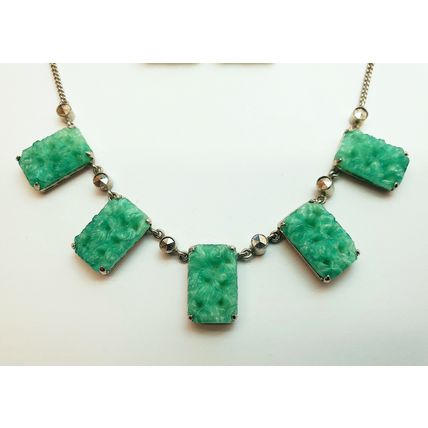 Vintage 1930s Art Deco Czech Green Peking Glass Necklace & Brooch Jewellery Set