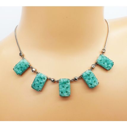 Vintage 1930s Art Deco Czech Green Peking Glass Necklace & Brooch Jewellery Set
