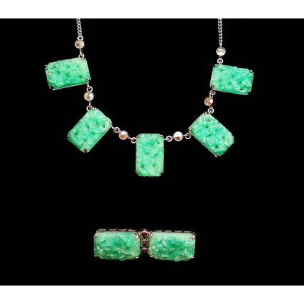 Vintage 1930s Art Deco Czech Green Peking Glass Necklace & Brooch Jewellery Set