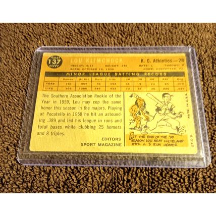 1960 Topps # 137 RC Lou Klimchock Kansas City A's 2nd Base 3.0 VG Condition