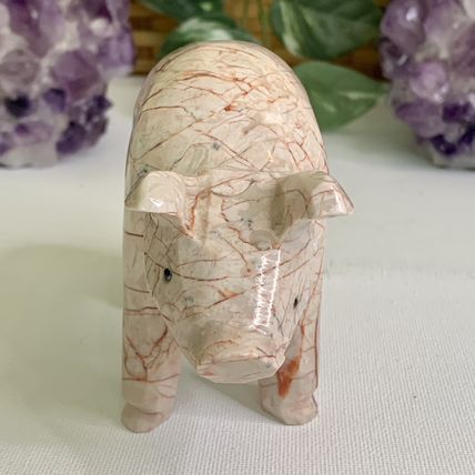 Large Pink Marble Carved Pig Figurine Farm Animal Polished Stone Swine 5" 539g