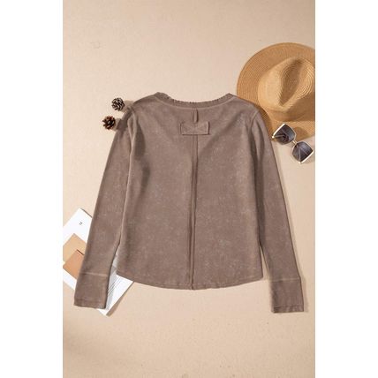 Coffee Acid Wash Waffle Knit Buttoned Neckline Long Sleeve Top