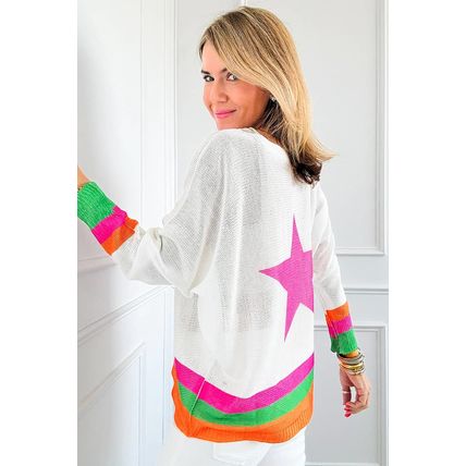 White Star Pattern Colorblock Striped Edge Drop Shoulder Sweater