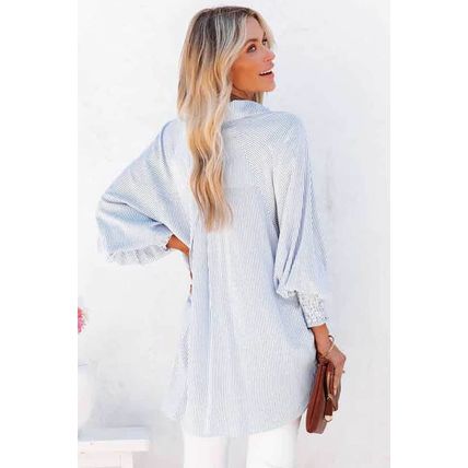 Sky Blue Smocked Cuffed Striped Boyfriend Shirt with Pocket