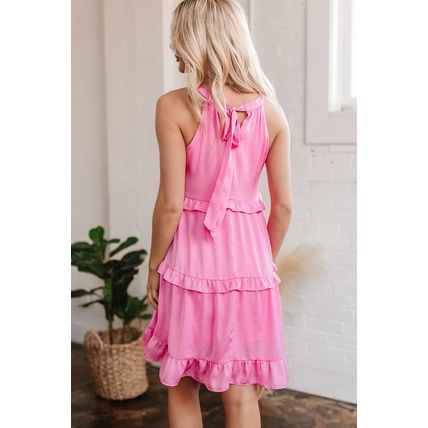Pink Smocked Neck Knot Back Frilly Tiered Sleeveless Mini Dress