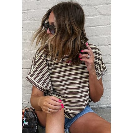 Brown Stripe Textured Side Slits Crew Neck T Shirt