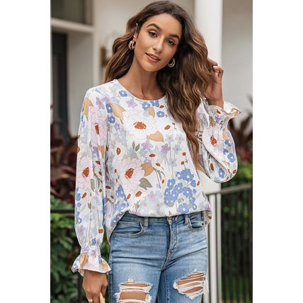 White Floral Print Sweet Lantern Long Sleeve Blouse