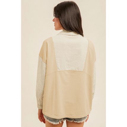 Khaki Stripe Mix Half Zip French Terry Plus Size Sweatshirt