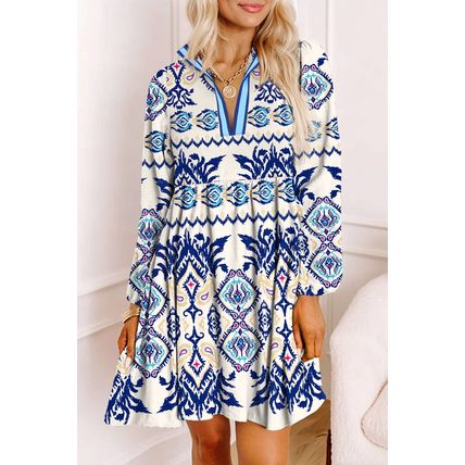 Blue Ethnic Print Striped Split Neck Long Sleeve Flowy Mini Dress
