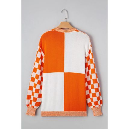 Orange Checkered Open Front Drop Shoulder Cardigan