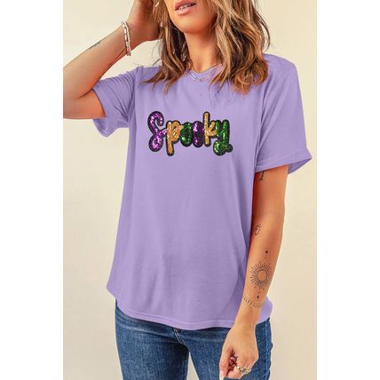 Wisteria Spooky Sequin Letter Patched Cotton Blend T Shirt
