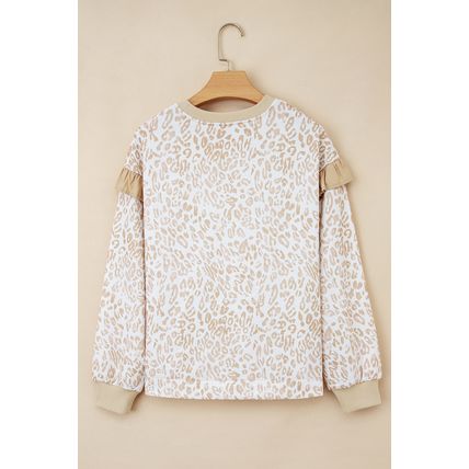 Khaki Leopard Ruffle Detail Ribbed Trim Round Neck Sweatshirt