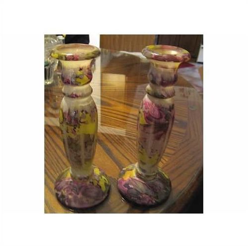 2 GORGEOUS ALCO LAVENDER MAUVE & YELLOW GLASS TAPER CANDLE HOLDERS CANDLEHOLDERS