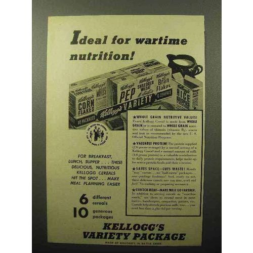 1943 Kellogg's Cereal Variety Package Ad - Wartime