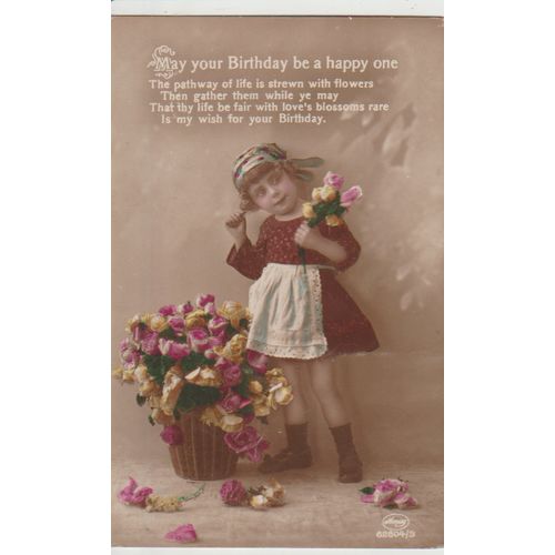 Postcard little girl with flowers for birthday written on unposted circa 1905