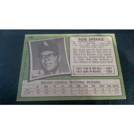 1971 Topps Card # 186 Bob Spence Very Good (3) Chicago White Sox