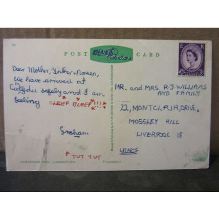 HORSE-SHOE PASS, LLANGOLLEN, WALES used vintage postcard unfranked stamp =