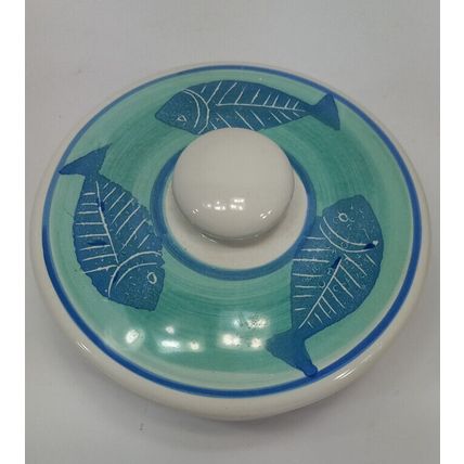 Pier 1 Italian Ceramic Covered Fish Dish Blue And Green Hand Painted With Lid