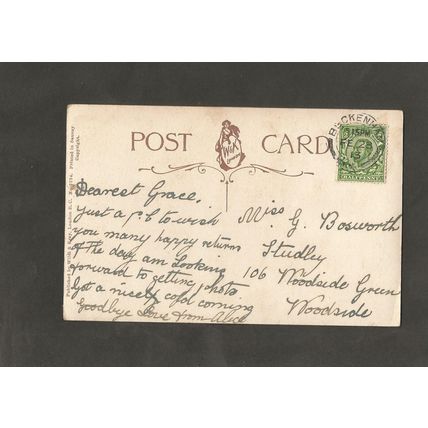 Genealogy Postcard Grace Bosworth Studley 106 Woodside Green Woodside Kent 1913