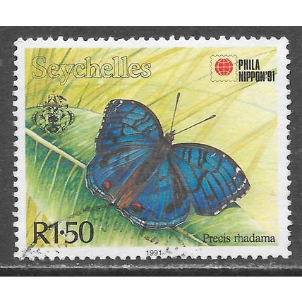 SEYCHELLES 1991 PHILA NIPPON JAPAN BUTTERFLY ROYAL BLUE PANSY BRILLIANT R1.50