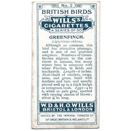 SINGLE WILLS CIGARETTE CARD BRITISH BIRDS 1917 NUMBER 2 GREENFINCH