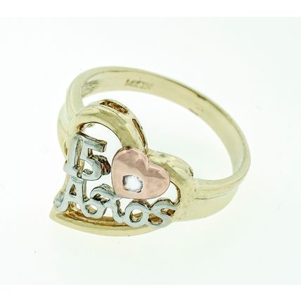 14k Solid Gold Multi Tone Sweet 15 Heart Ring Size 8 15 Años De Oro 4.1 grams