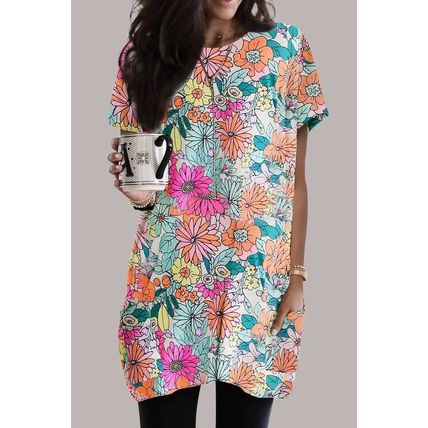 Multicolor Boho Flower Print Short Sleeve Tunic Top