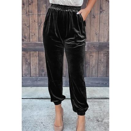 Black Solid Velvet Jogger Pants