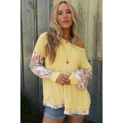 Yellow Floral Patchwork Waffle Knit Babydoll Blouse